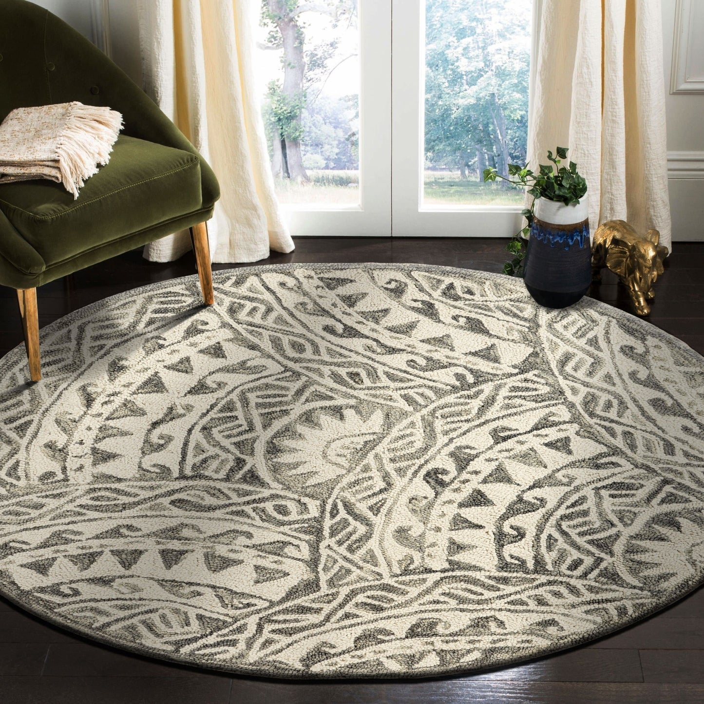 4' Round Gray Decorative Waves Area Rug