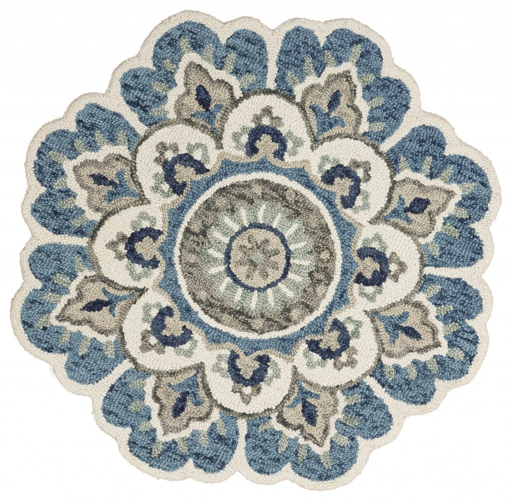 4' Blue and Cream Round Wool Floral Medallion Hand Tufted Area Rug