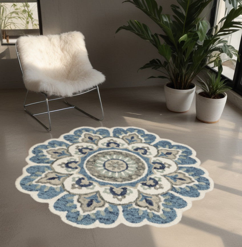 4' Blue and Cream Round Wool Floral Medallion Hand Tufted Area Rug