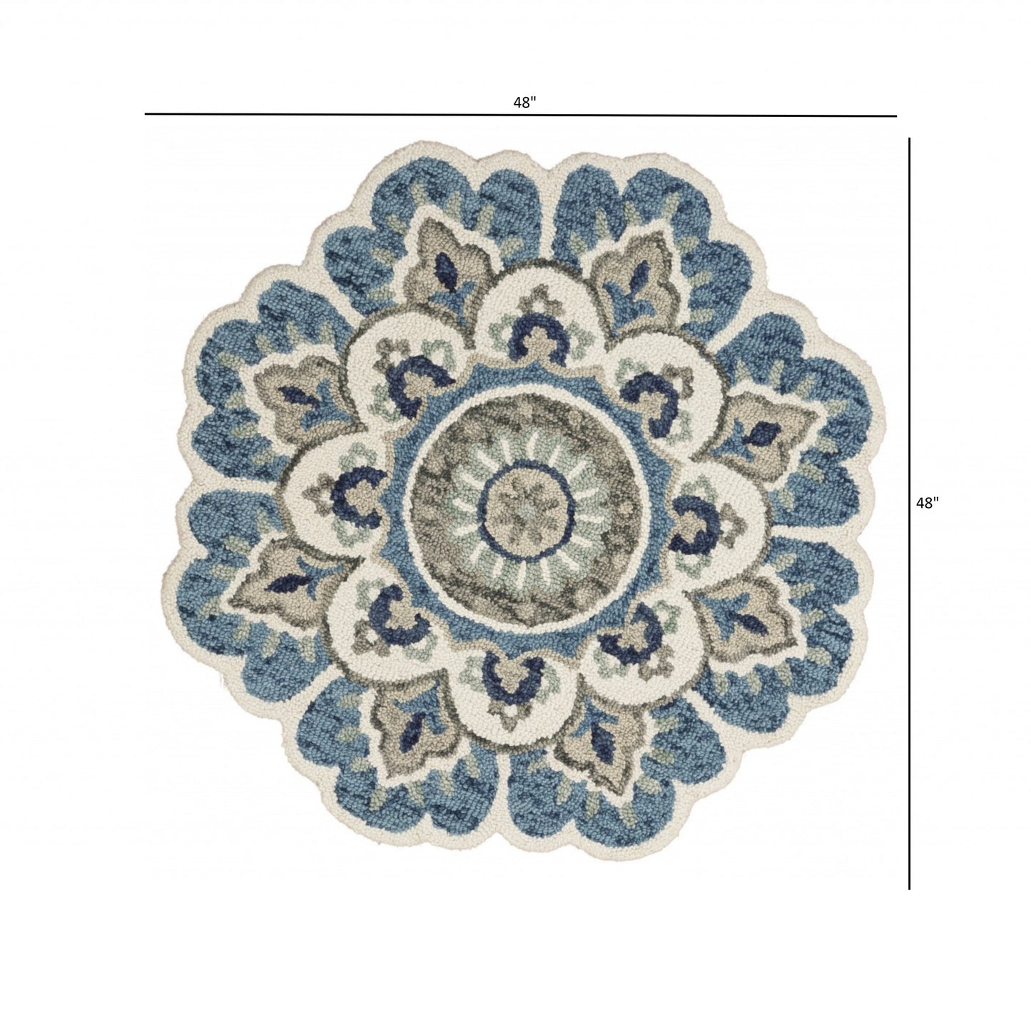 4' Blue and Cream Round Wool Floral Medallion Hand Tufted Area Rug