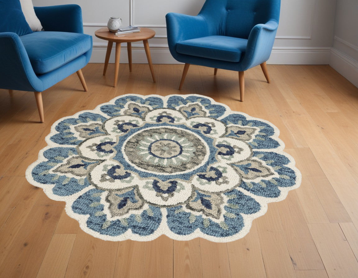 6' Ivory Teal Blue and Green Wool Hand Tufted Round Rug