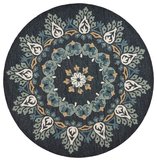 6' Round Black Floral Paradise Area Rug