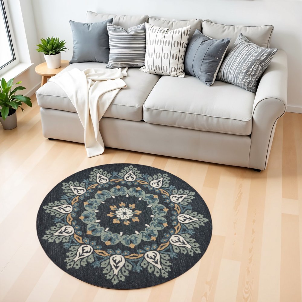 4' Round Black Floral Paradise Area Rug