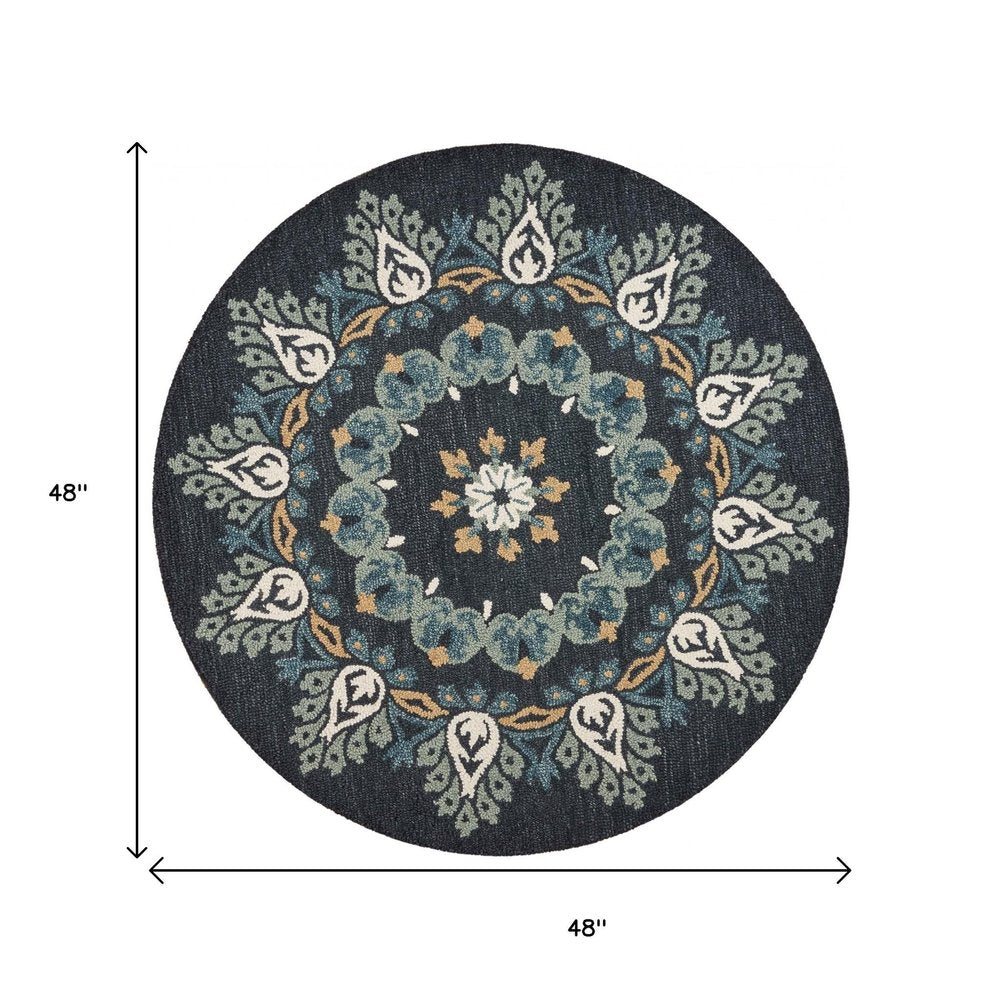 4' Round Black Floral Paradise Area Rug