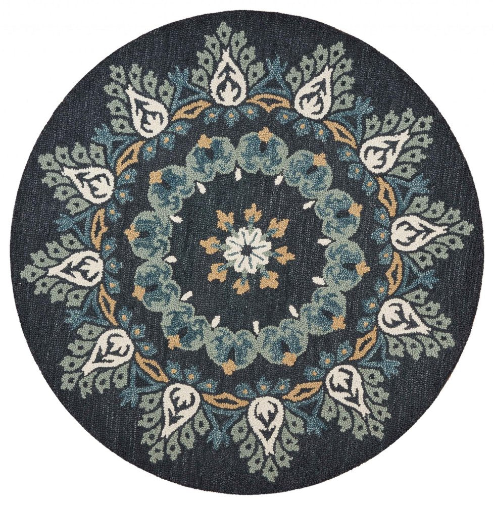 6' Round Black Floral Paradise Area Rug