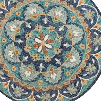 6' Blue And Green Round Wool Floral Hand Tufted Area Rug
