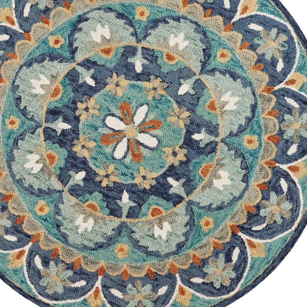 6' Blue And Green Round Wool Floral Hand Tufted Area Rug