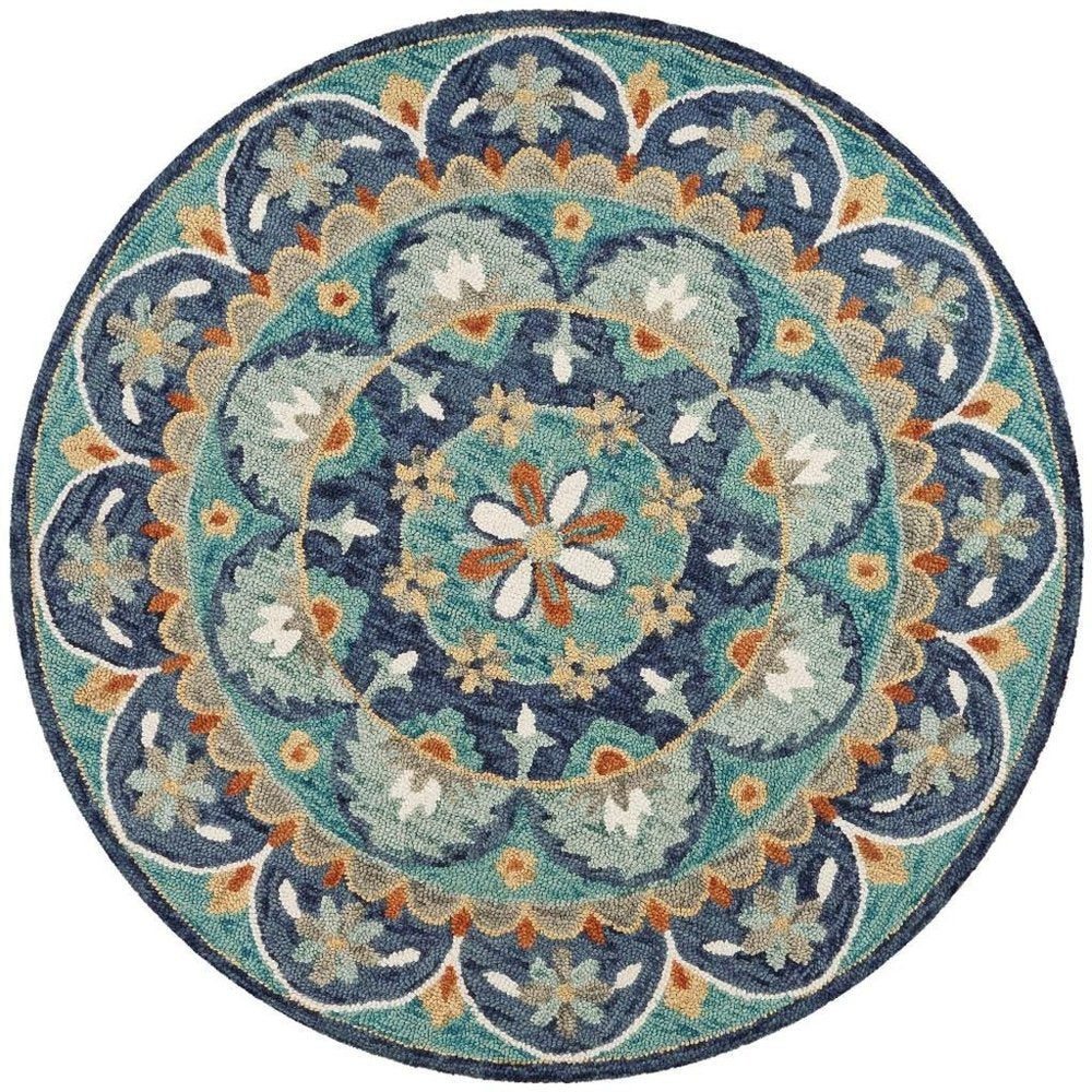 6' Blue And Green Round Wool Floral Hand Tufted Area Rug