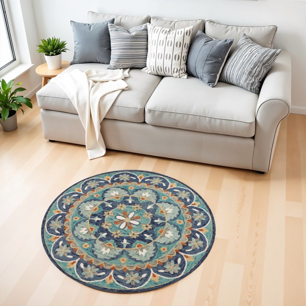 6' Blue And Green Round Wool Floral Hand Tufted Area Rug