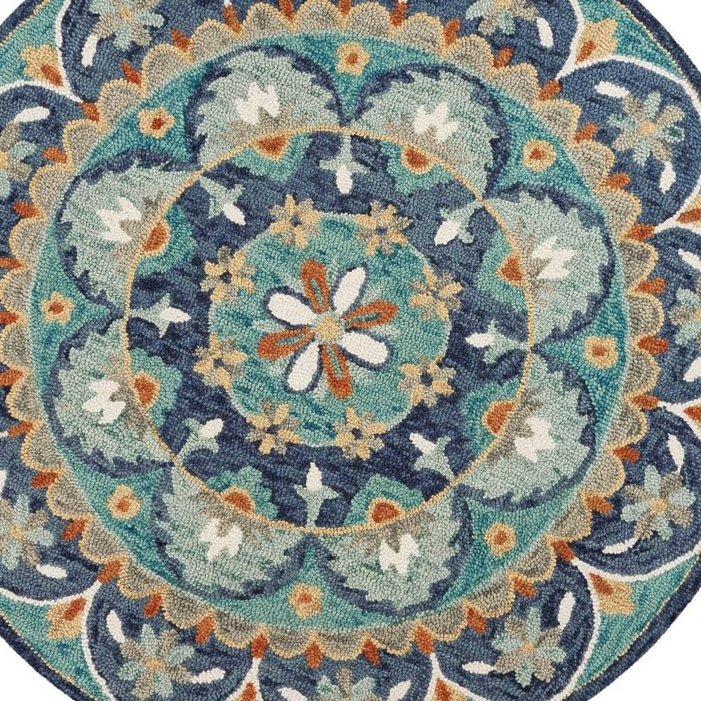 6' Blue And Green Round Wool Floral Hand Tufted Area Rug