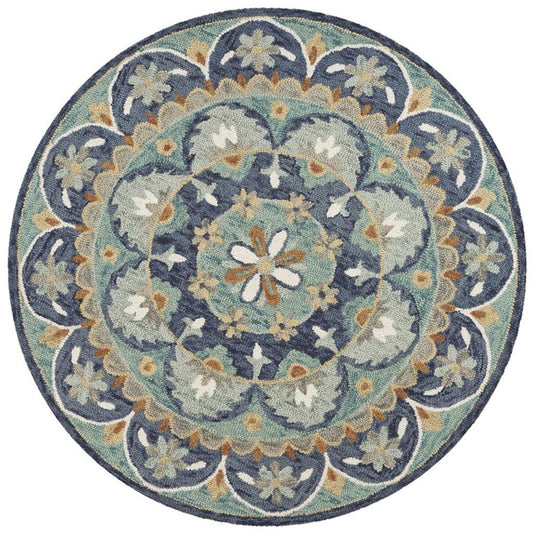 6' Blue And Green Round Wool Floral Hand Tufted Area Rug