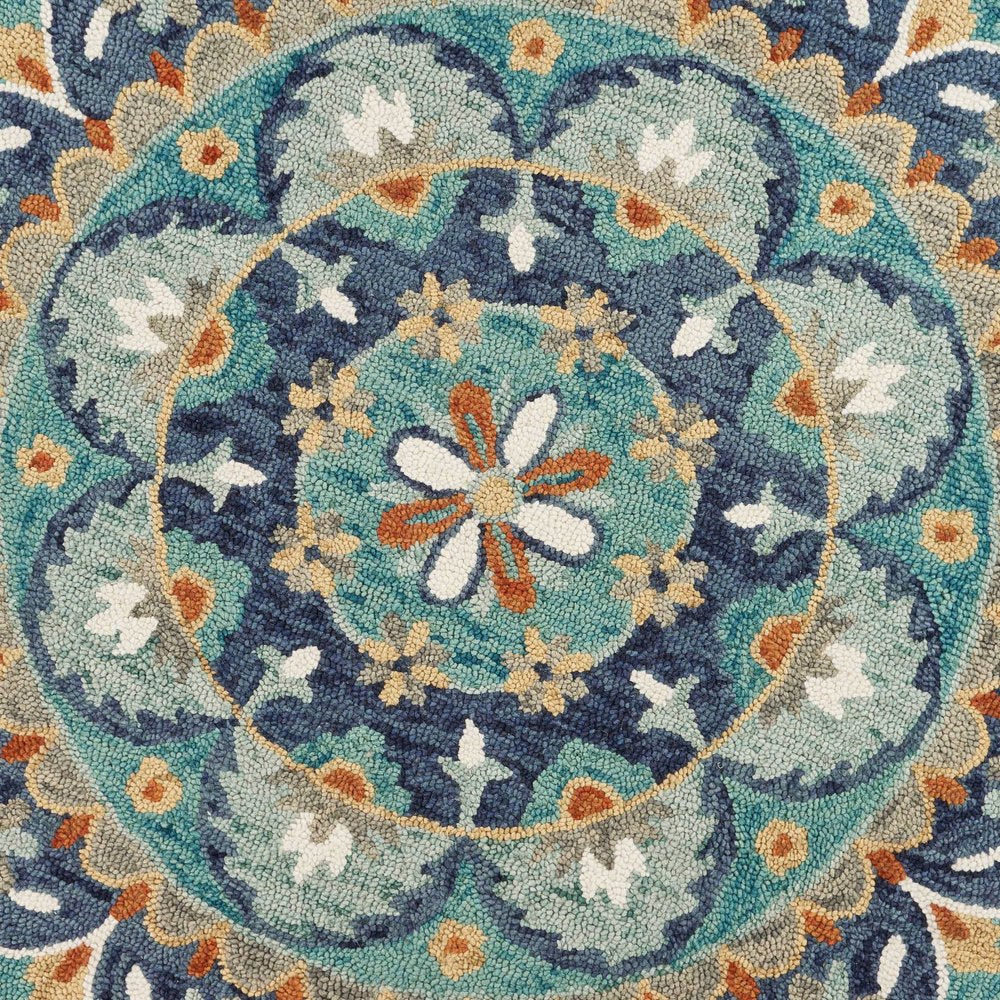 6' Blue And Green Round Wool Floral Hand Tufted Area Rug