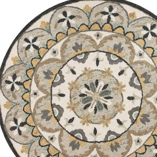 6' Gray and Ivory Round Wool Floral Handmade Area Rug