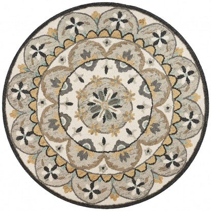 6' Gray and Ivory Round Wool Floral Handmade Area Rug