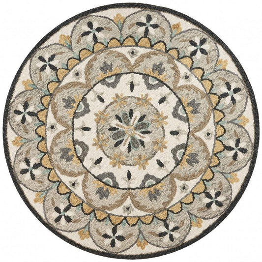 6' Gray and Ivory Round Wool Floral Handmade Area Rug