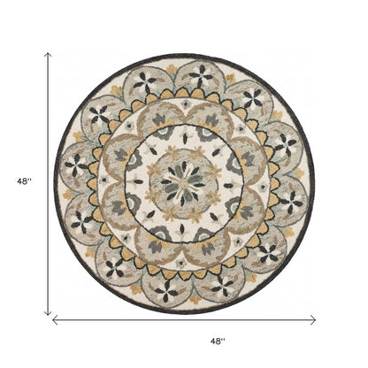 6' Gray and Ivory Round Wool Floral Handmade Area Rug