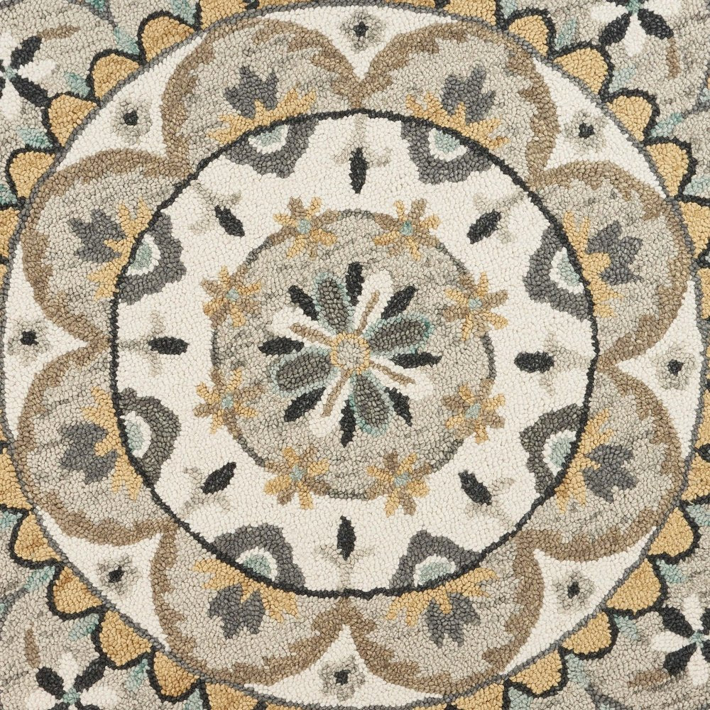 6' Gray and Ivory Round Wool Floral Handmade Area Rug
