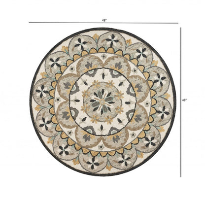 6' Gray and Ivory Round Wool Floral Handmade Area Rug