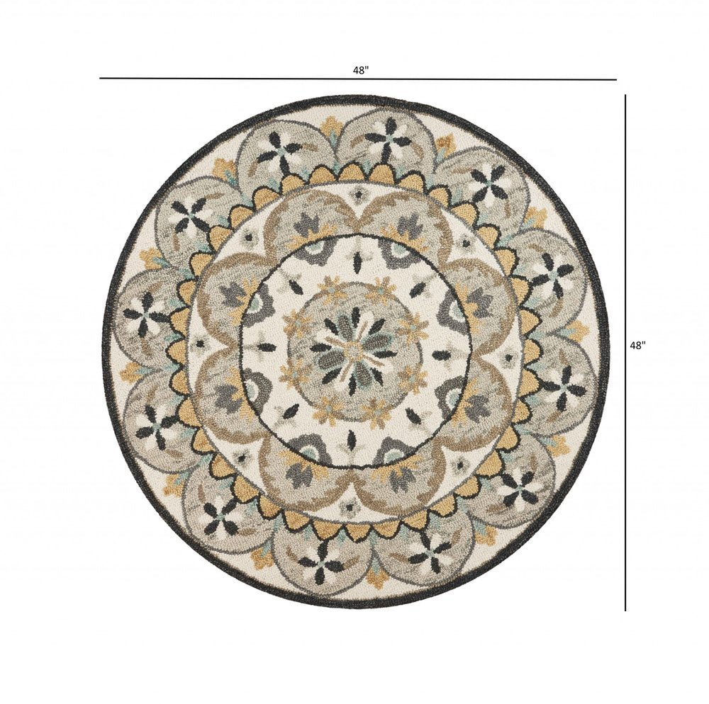 6' Gray and Ivory Round Wool Floral Handmade Area Rug