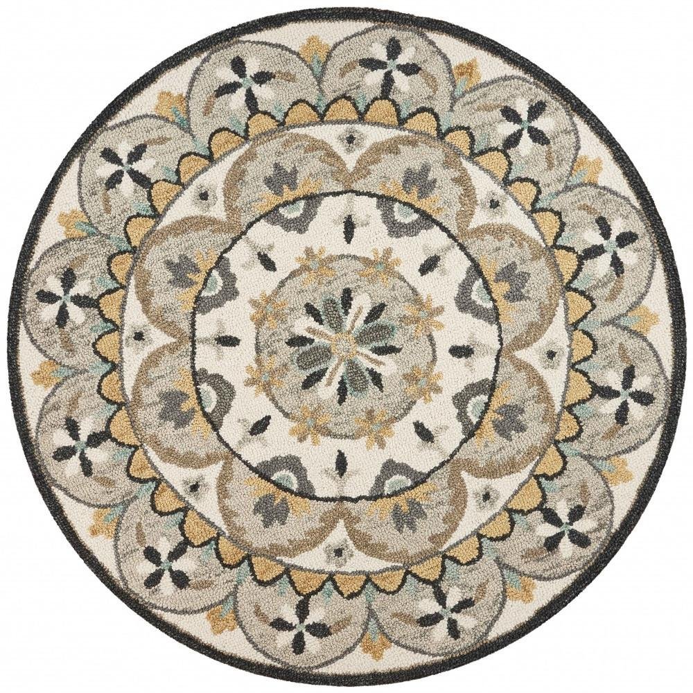 6' Gray and Ivory Round Wool Floral Handmade Area Rug