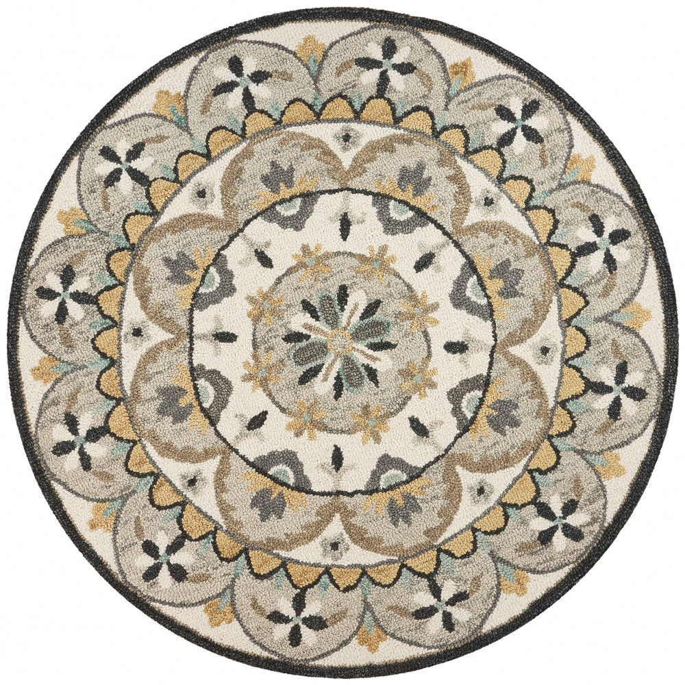 4' Round Gray And Ivory Floral Bloom Area Rug