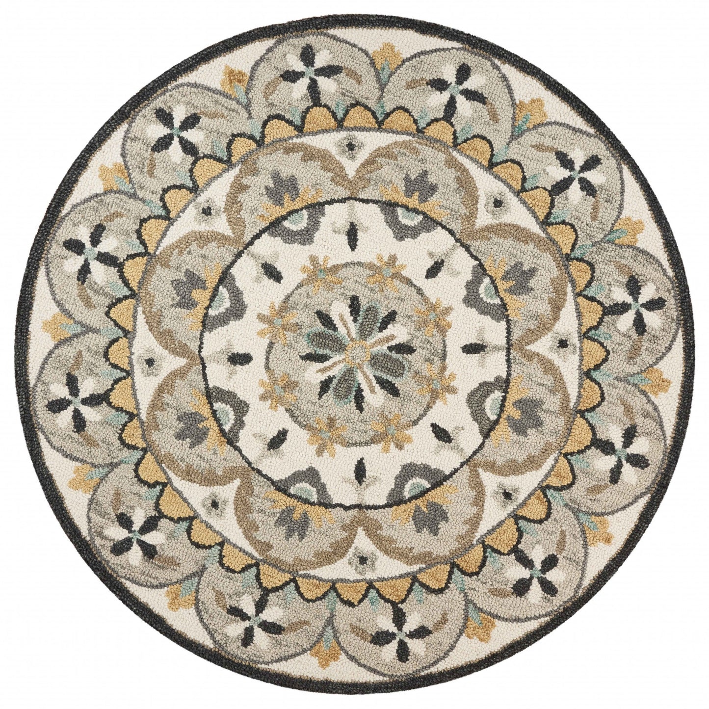 4' Round Gray And Ivory Floral Bloom Area Rug