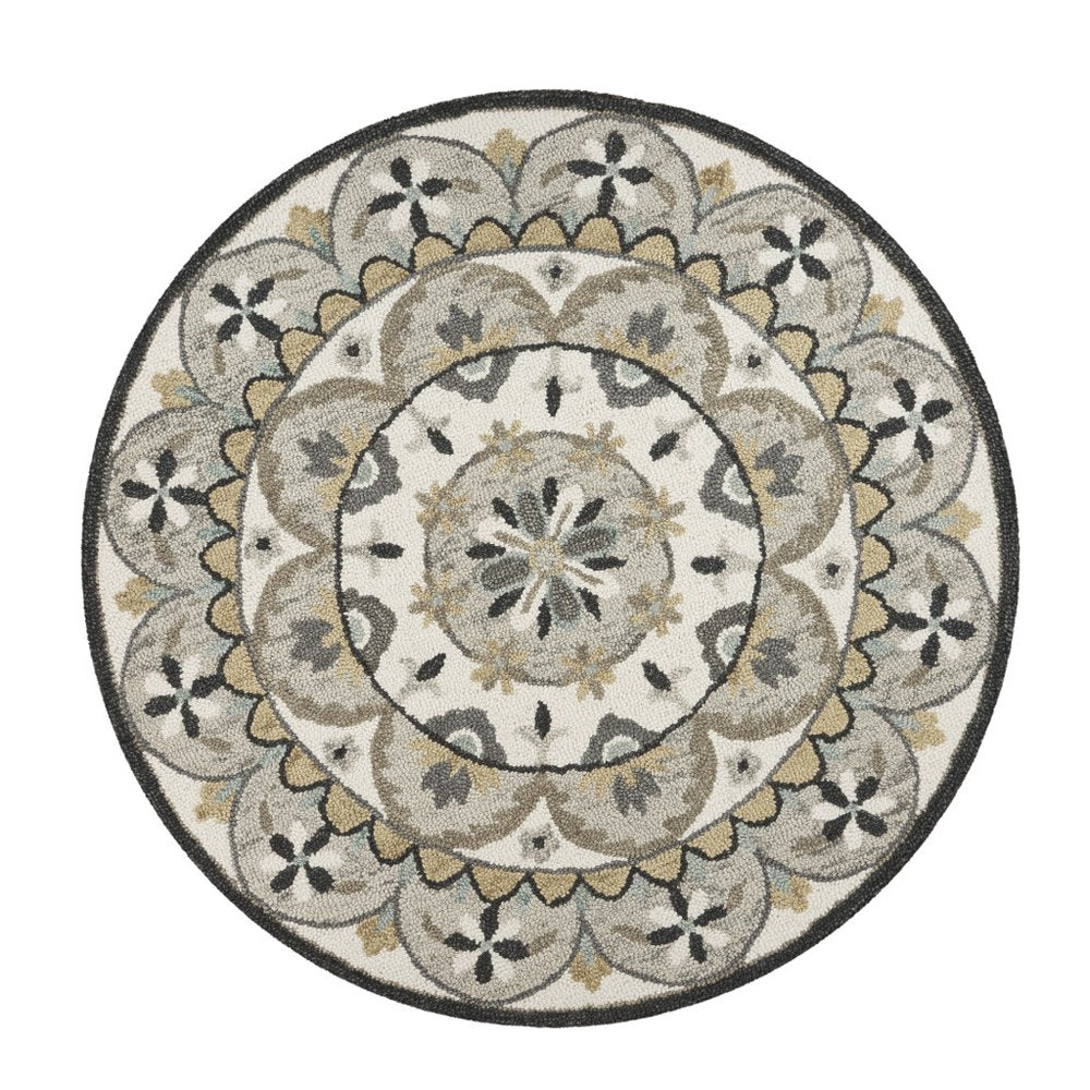 6' Gray and Ivory Round Wool Floral Handmade Area Rug