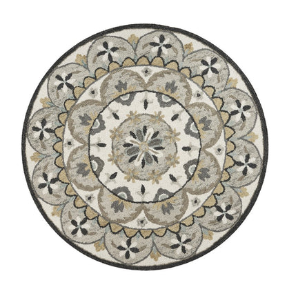 6' Gray and Ivory Round Wool Floral Handmade Area Rug