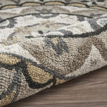 6' Gray and Ivory Round Wool Floral Handmade Area Rug