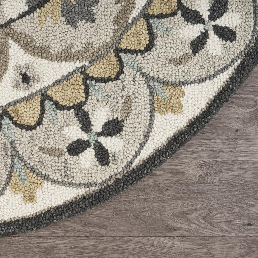 6' Gray and Ivory Round Wool Floral Handmade Area Rug