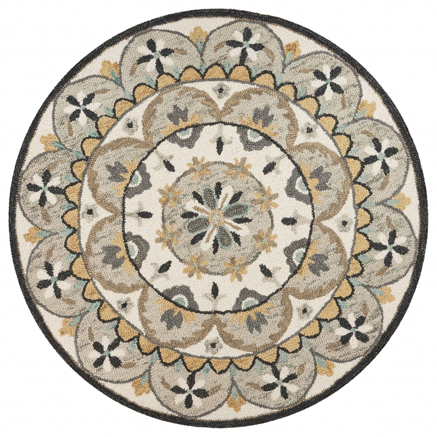 6' Gray and Ivory Round Wool Floral Handmade Area Rug