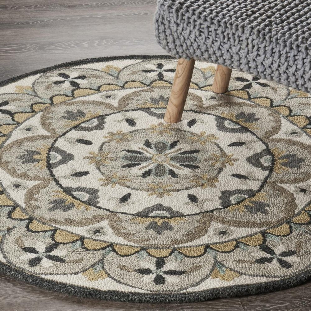 6' Gray and Ivory Round Wool Floral Handmade Area Rug