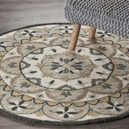 6' Gray and Ivory Round Wool Floral Handmade Area Rug