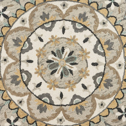 6' Gray and Ivory Round Wool Floral Handmade Area Rug