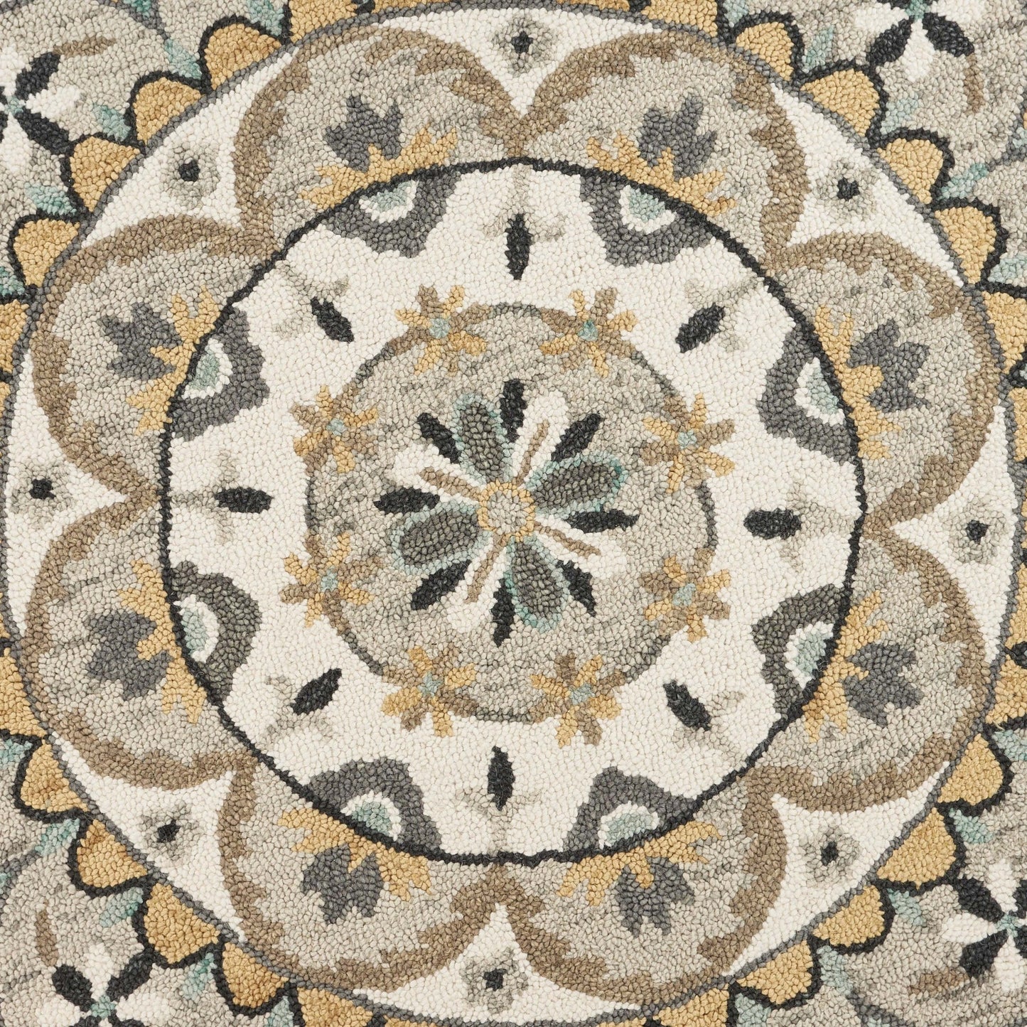 6' Gray and Ivory Round Wool Floral Handmade Area Rug