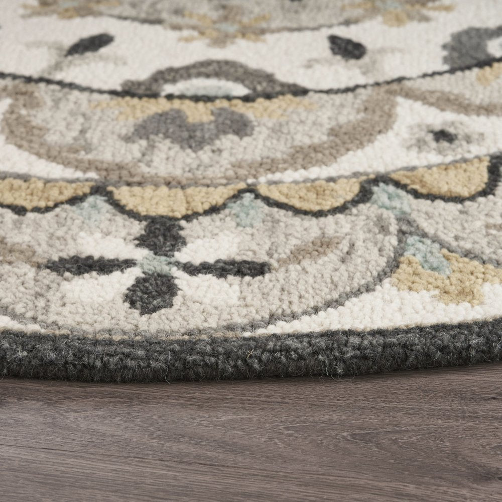 6' Gray and Ivory Round Wool Floral Handmade Area Rug