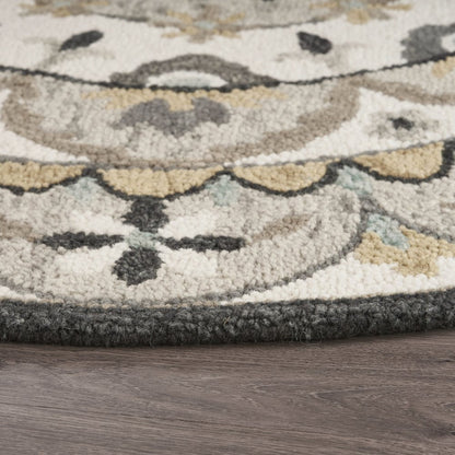 6' Gray and Ivory Round Wool Floral Handmade Area Rug