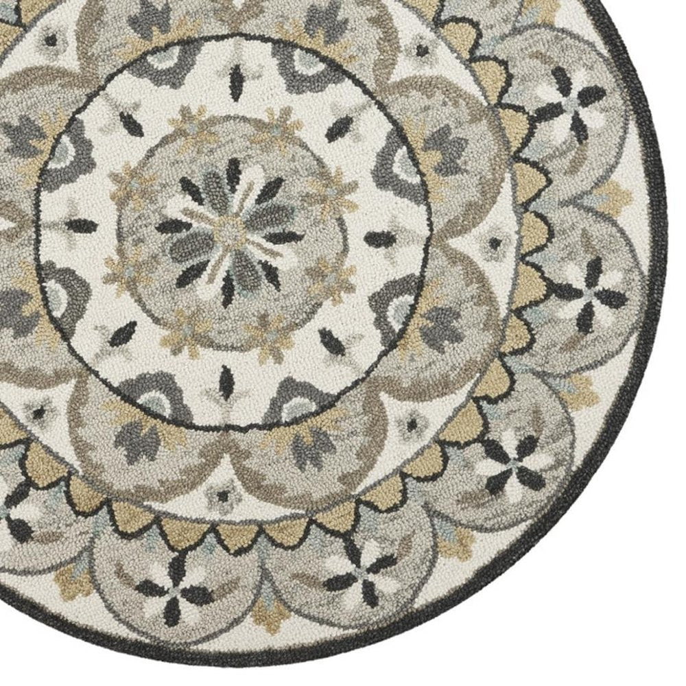 6' Gray and Ivory Round Wool Floral Handmade Area Rug