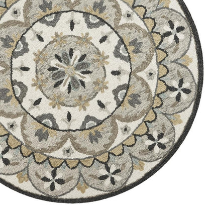 6' Gray and Ivory Round Wool Floral Handmade Area Rug