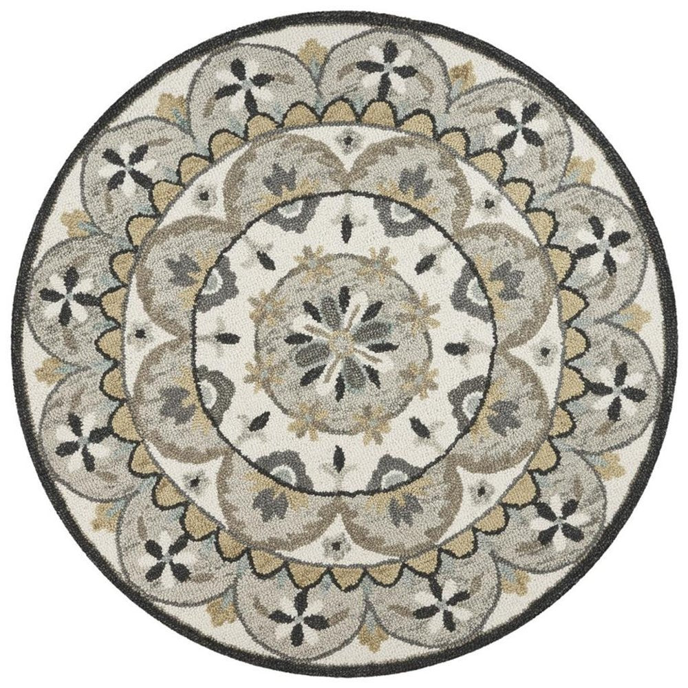 6' Gray and Ivory Round Wool Floral Handmade Area Rug