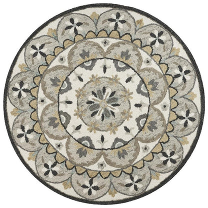 6' Gray and Ivory Round Wool Floral Handmade Area Rug