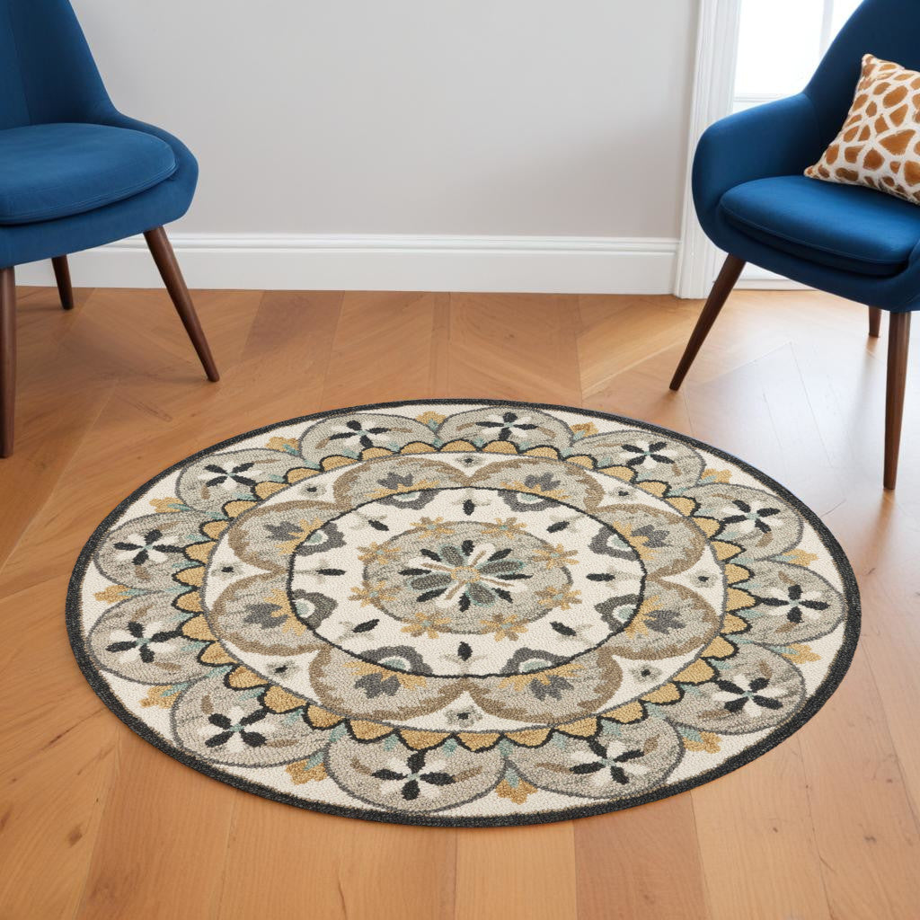 4' Round Gray And Ivory Floral Bloom Area Rug