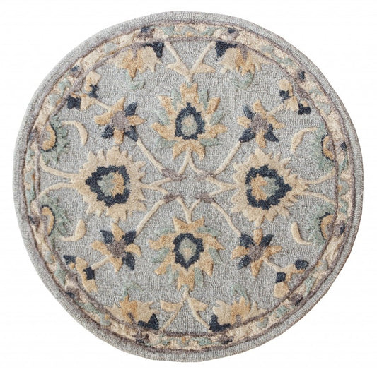3' Beige And Blue Wool Floral Hand Woven Round Rug