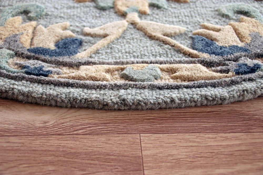 3' Beige And Blue Wool Floral Hand Woven Round Rug