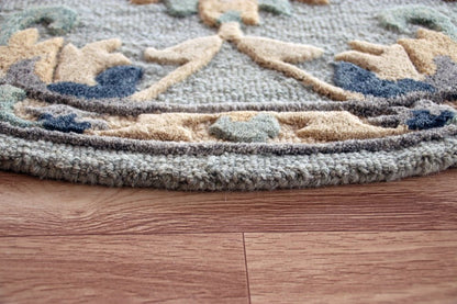 3' Beige And Blue Wool Floral Hand Woven Round Rug