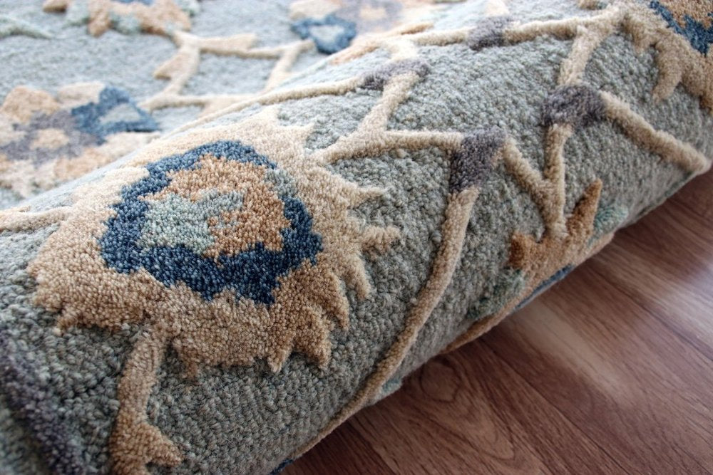 3' Beige And Blue Wool Floral Hand Woven Round Rug