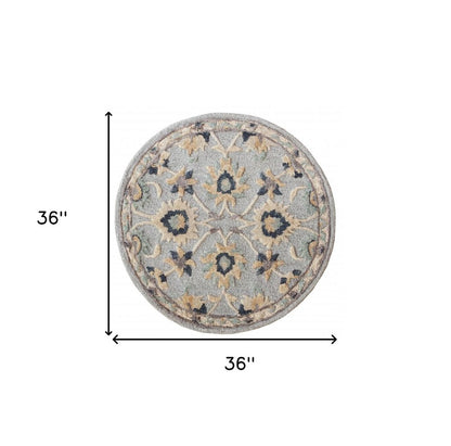 3' Beige And Blue Wool Floral Hand Woven Round Rug