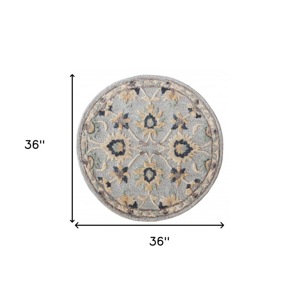 3' Beige And Blue Wool Floral Hand Woven Round Rug