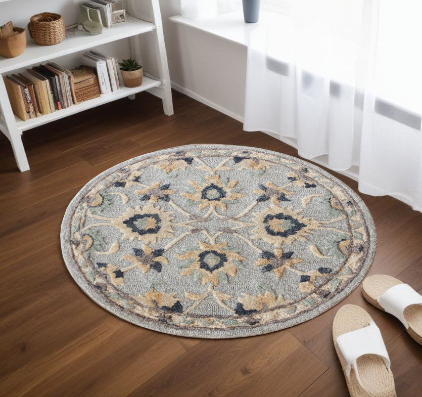 2' X 4' Blue And Beige Floral Hearth Rug