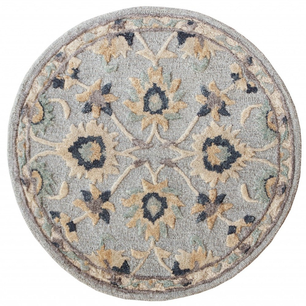 2' X 4' Blue And Beige Floral Hearth Rug